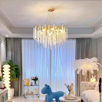 Modern gold crystal tassel chandelier with cascading strands for dining room decorbites crystal tassel pendant light