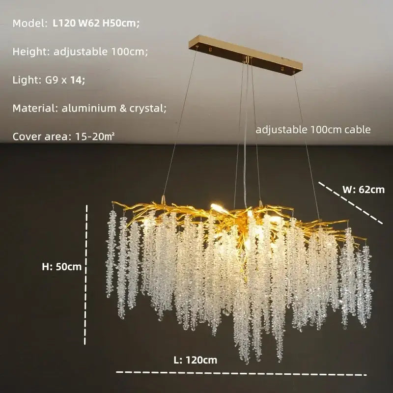 Modern gold crystal tassel led pendant light with a branching aluminum frame and cascading clear crystal droplets for dining room decorbites crystal tassel chandelier