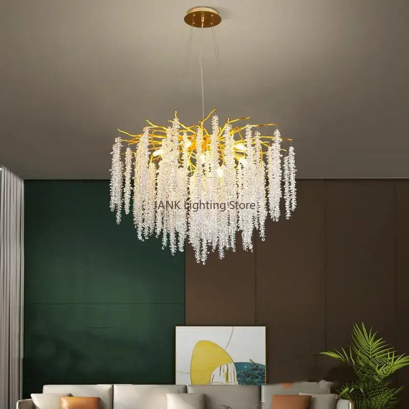 Modern gold crystal tassel pendant chandelier with golden metal frame and clear crystal beads for dining room lighting