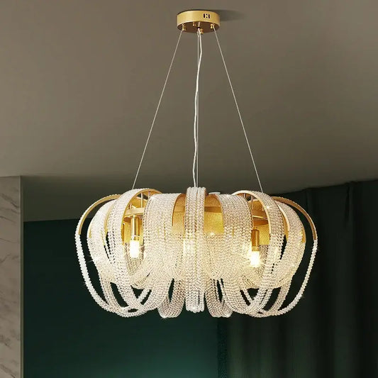 Modern gold crystal tassels led chandelier with gold metal frame and clear crystal beads for dining room decorbites crystal tassels