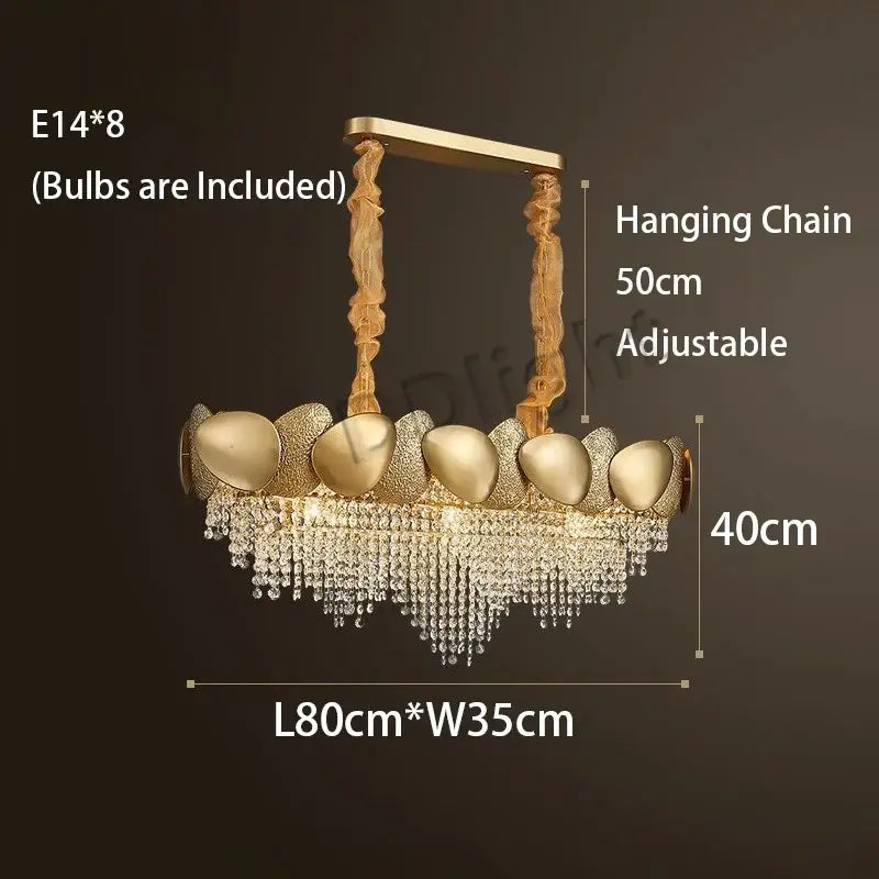 Modern gold crystal tassels led pendant chandelier with eight egg-shaped fixtures and cascading crystal droplets for dining room decorbites crystal tassels