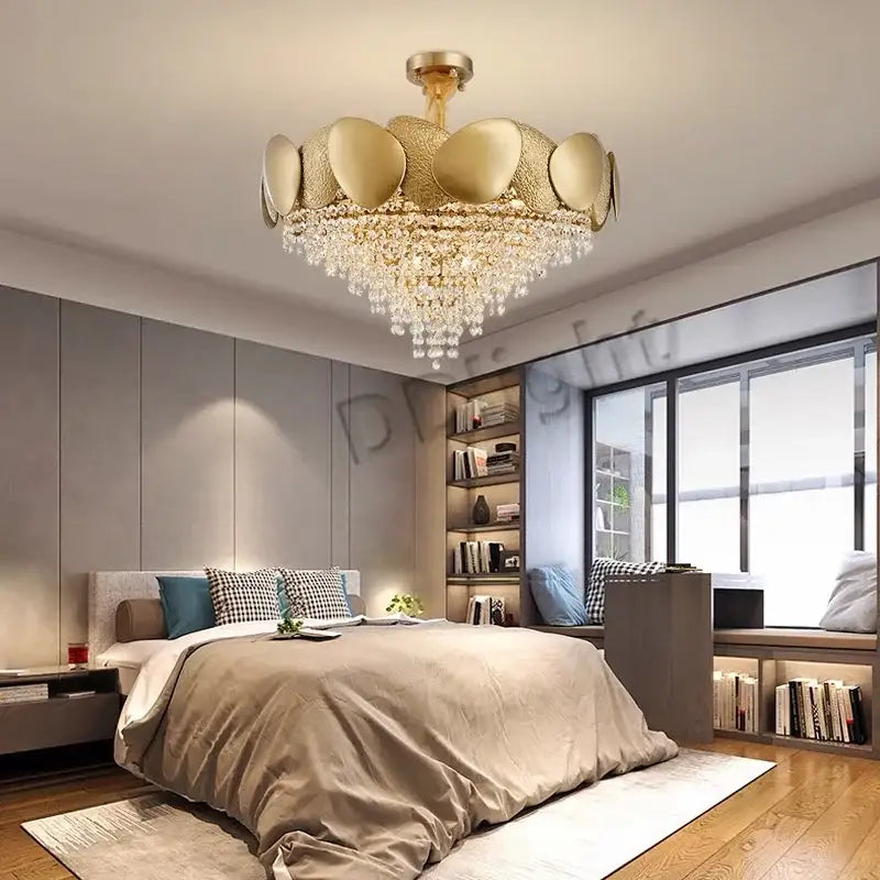 Modern gold crystal tassels led pendant chandelier with petal design and cascading crystal tassels for dining room decorbites