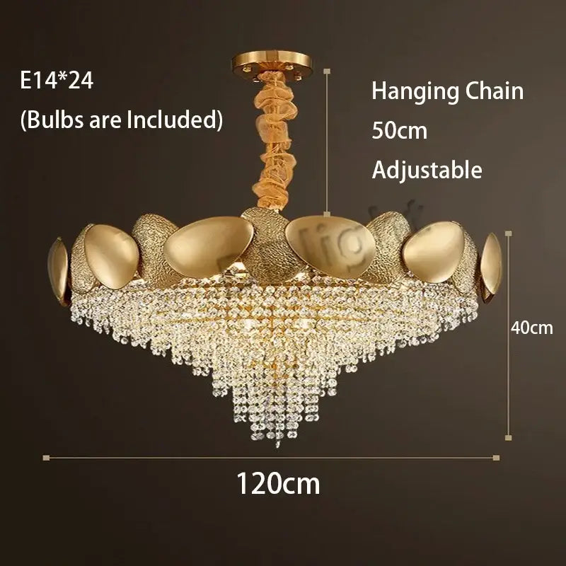 Modern gold crystal tassels led pendant chandelier with textured shell frame and cascading decorbites crystal tassels for dining room