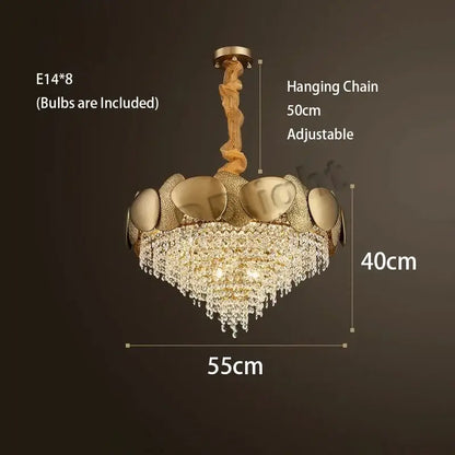 Modern gold pendant chandelier with eight e14 bulbs, decorbites crystal tassles, and cascading crystal tassles led droplets