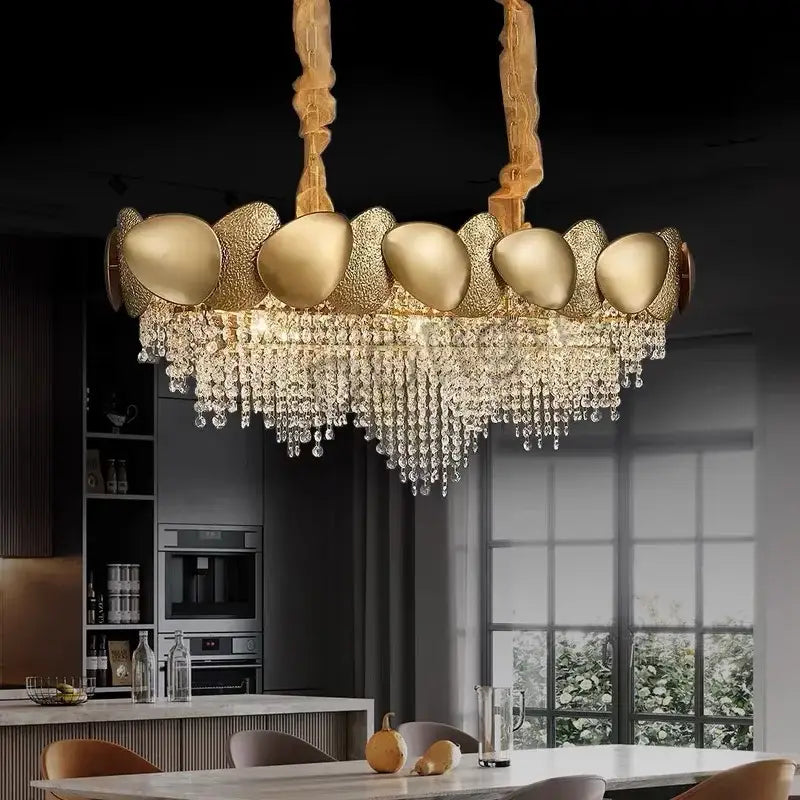 Modern gold pendant chandelier with sculptural metallic orbs and decorbites crystal tassles led droplets for living room decor