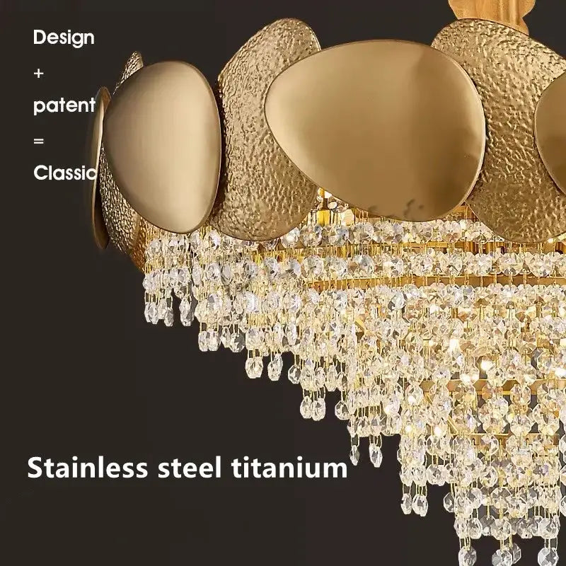 Modern gold crystal tassles pendant light with hammered metallic plates and polished centers for living room decorbites crystal tassles