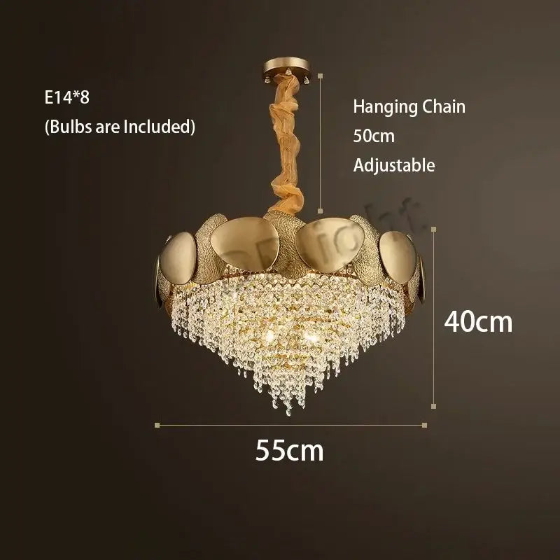 Modern gold crystal tassles pendant light featuring eight e14 bulbs and cascading crystal droplets for living room decorbites pendant light
