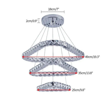Modern chrome-finished chandelier with three tiered crystal-encrusted rings matching decorbites crystal triangle style