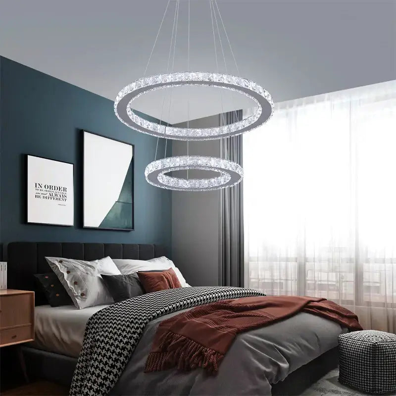 Modern gold crystal triangle chandelier with double-ring design featuring decorbites crystal for living room decor