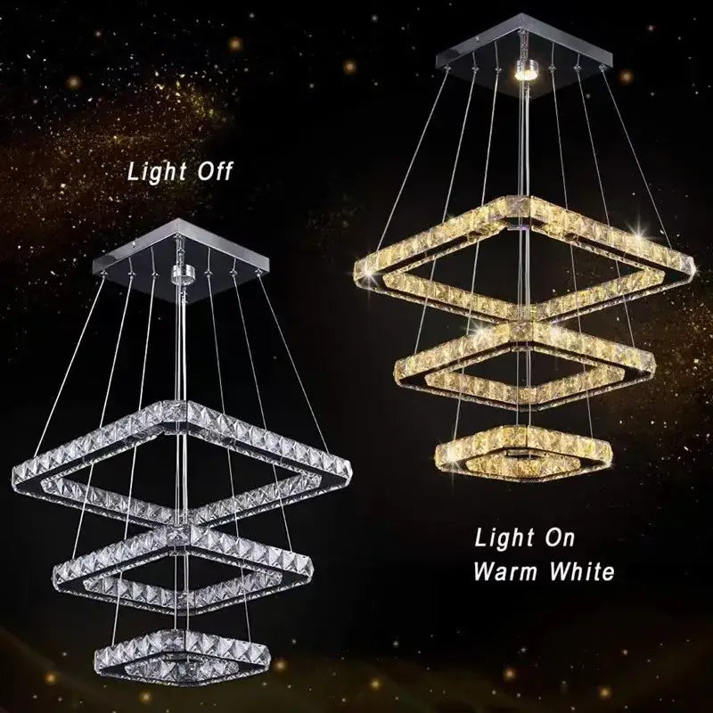Modern gold crystal triangle chandelier with tiered diamond-shaped rings and warm white led lights for living room decorbites crystal triangle