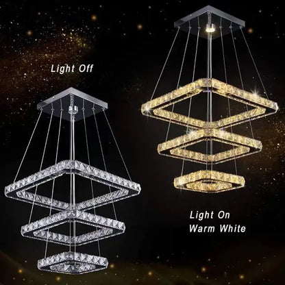 Modern gold crystal triangle chandelier with tiered diamond-shaped rings and warm white led lights for living room decorbites crystal triangle
