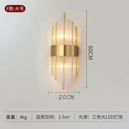 Modern gold crystal wall lamp with vertical crystal rods and three-color led lighting for elegant bedroom decorbites crystal wall