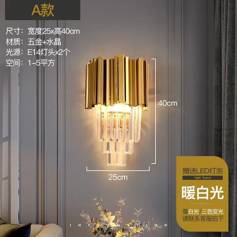 Modern gold crystal wall lamp with vertical metallic bars and cascading clear crystals for elegant wall decorbites crystal wall lamp