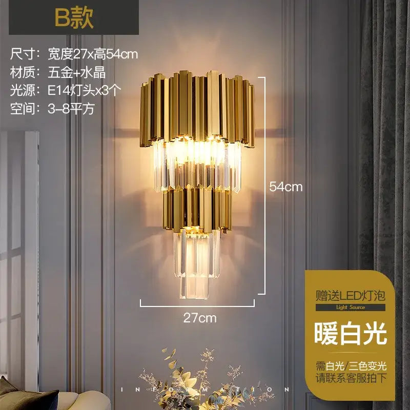 Modern gold crystal wall lamp with tiered vertical bars and clear crystal accents for bedroom decorbites crystal wall use