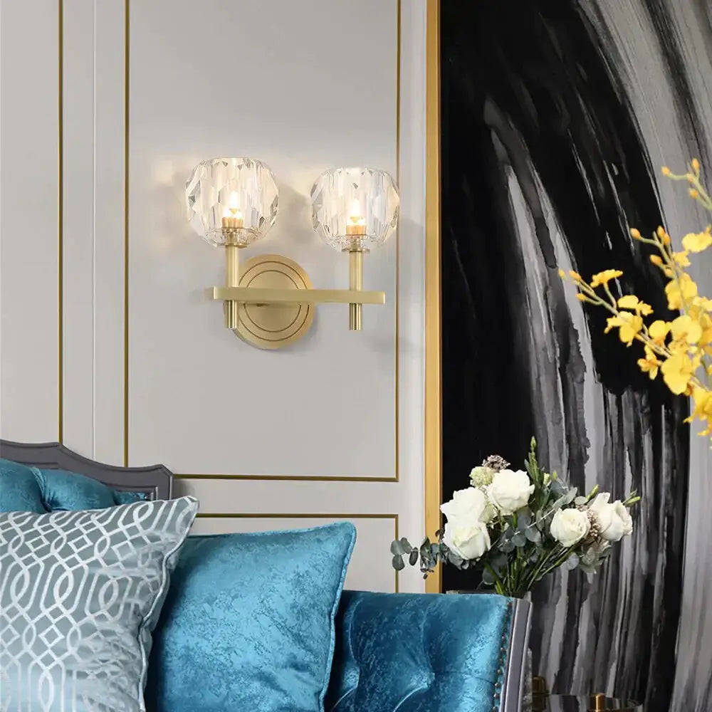 Gold-toned DecorBites Ivy wall lamp with two faceted crystal shades elegant crystal wall lamp fixture