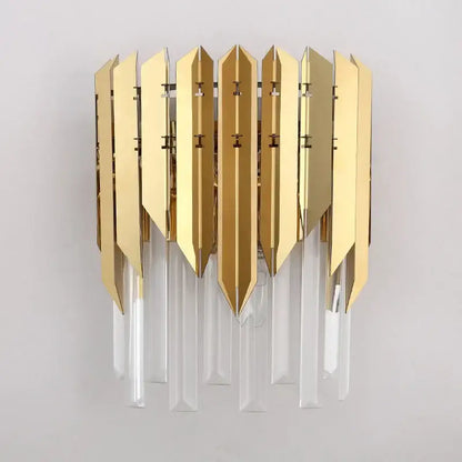 Modern gold metallic wall lamp with leaf panels and clear crystal rods decorbites crystal wall lamp for bedroom decor
