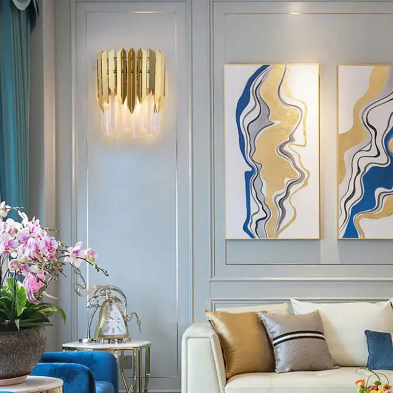 Modern gold crystal wall lamp with vertical fluted metallic plates and warm glow for stylish bedroom decorbites crystal wall lamp