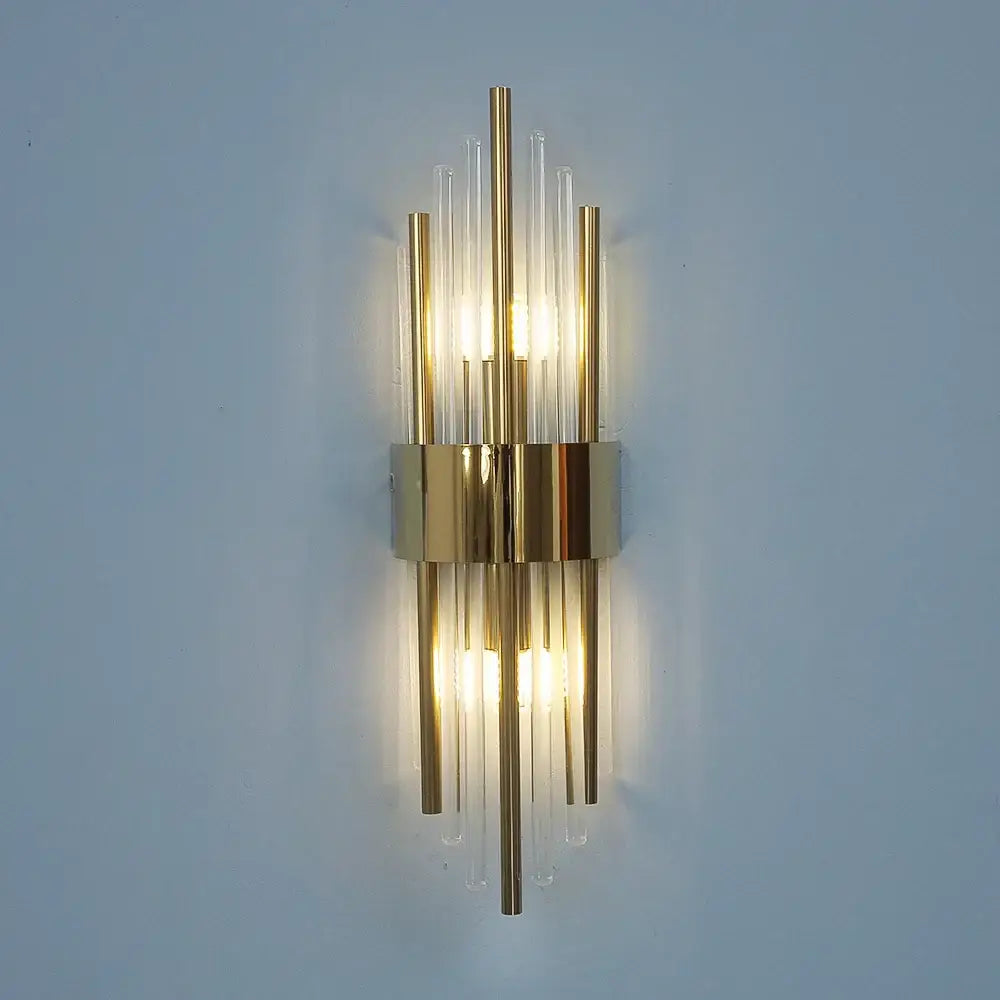 Modern gold crystal wall lamp with clear vertical glass tubes for bedroom decorbites crystal wall lamp design