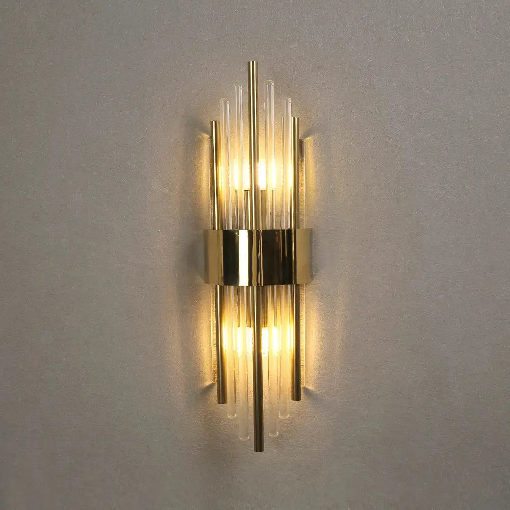 Modern gold crystal wall lamp with vertical glass tubes and central metallic band for bedroom decorbites crystal wall lamp