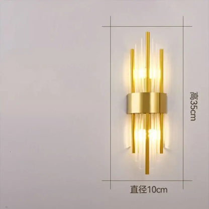 Modern gold crystal wall lamp featuring five vertical glass rods and a central metallic band for bedroom decorbites crystal wall lighting