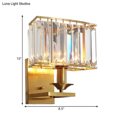 Modern gold crystal wall lamp with clear faceted crystal prisms in rectangular frame for 110v-120v 220v-240v use