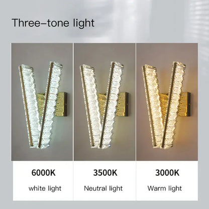Modern gold crystal wall lamp with v-shaped textured glass panels and sleek metallic frame for elegant living room decorbites crystal wall lighting