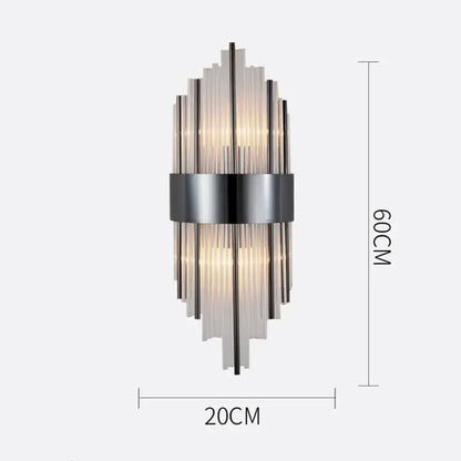 Modern gold crystal wall lamp with sleek metallic frame and translucent glass rods in elegant radial pattern for living room