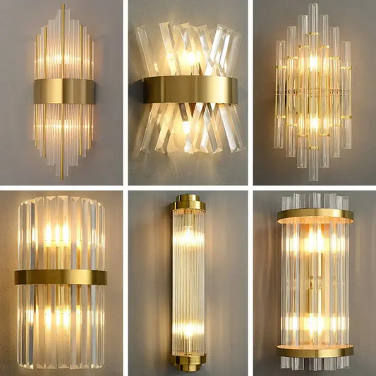 Modern gold crystal wall lamp featuring gold-toned wall sconces with clear faceted glass tubes in radial patterns