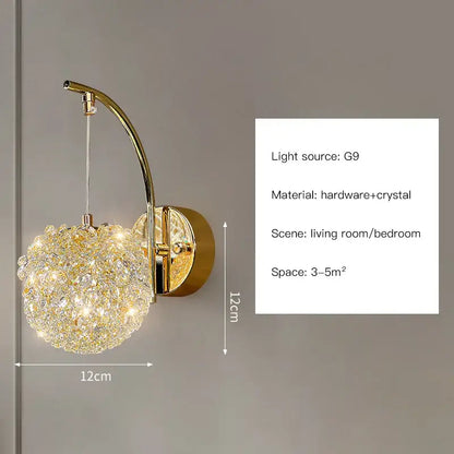 Modern gold crystal wall lights sconce with spherical crystal cluster on arched metal arm for bedroom night light decorbites crystal wall