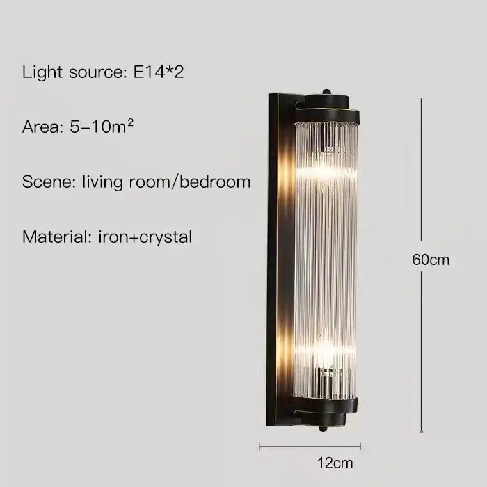 Black iron and crystal decorbites crystal wall sconce with vertical glass rods for modern bedroom lighting