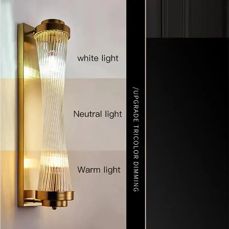 Modern gold crystal wall sconce with cascading glass rod shade and three lighting modes from decorbites crystal wall