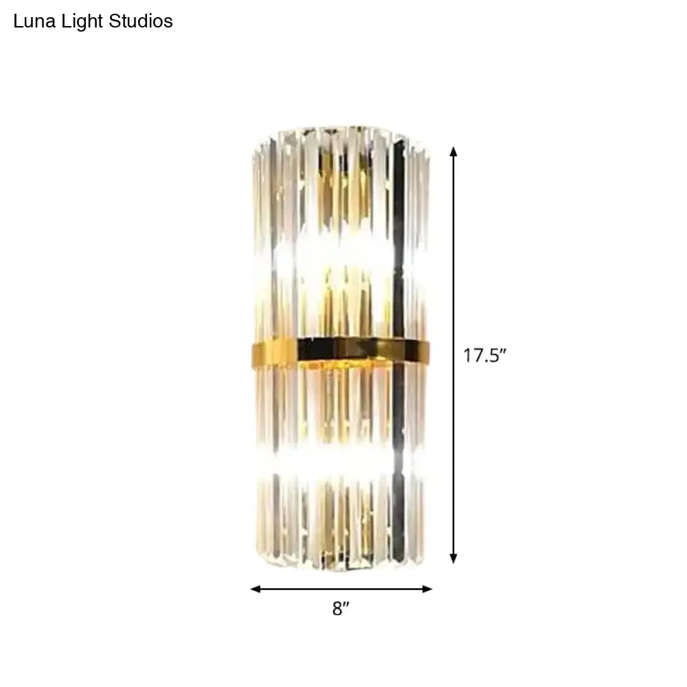 Modern gold wall sconce with vertical crystal rods and metal bands for living space 110v-120v lighting fixture