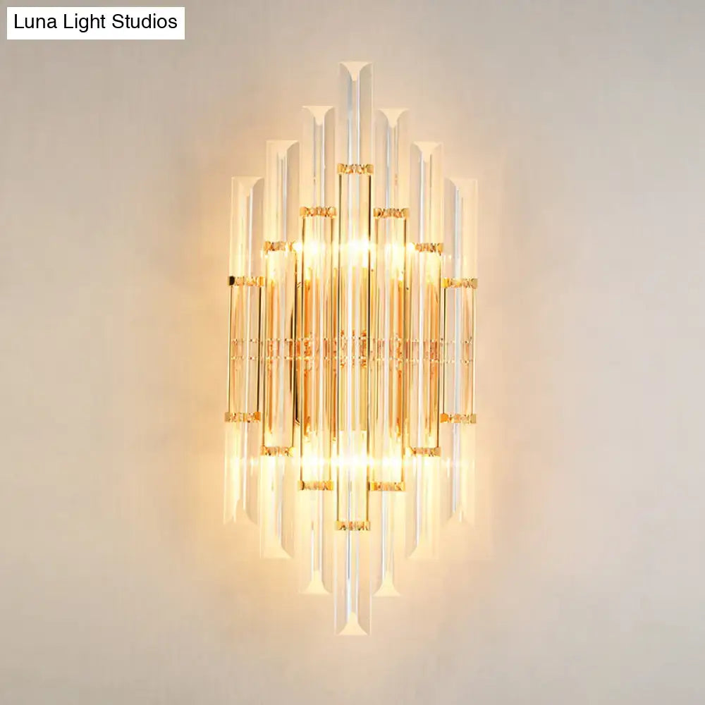 Modern gold crystal wall sconce with clear glass rods and warm lighting for living space 110v-120v use