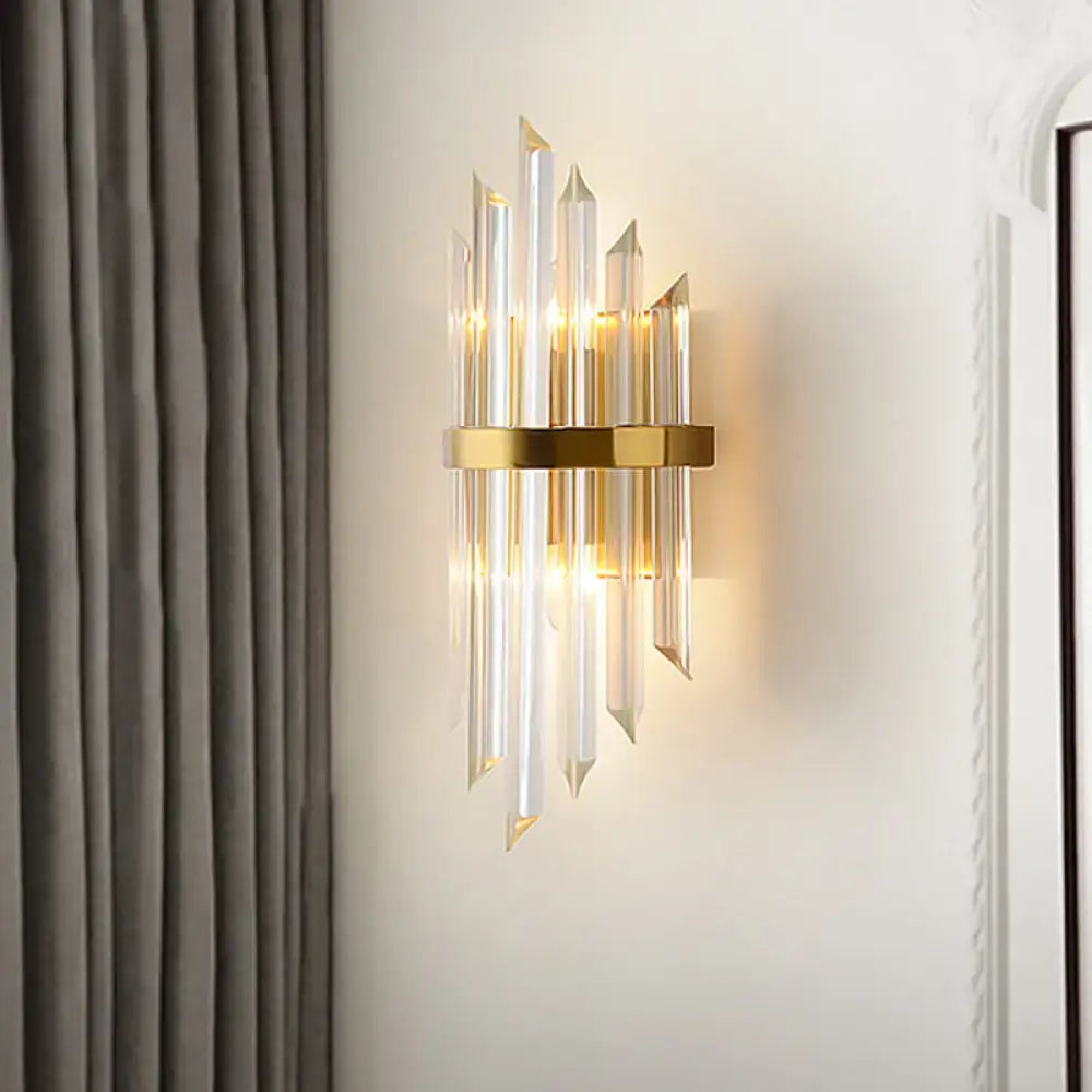 Modern gold crystal wall sconce with clear prisms and metal frame for living space 110v-120v lighting