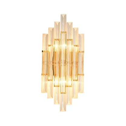 Elegant gold crystal wall sconce with vertical rods and warm light for living space 110v-120v lighting