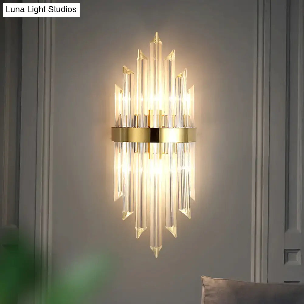 Modern gold crystal wall sconce with clear prisms and brass ring for living space 110v-120v lighting