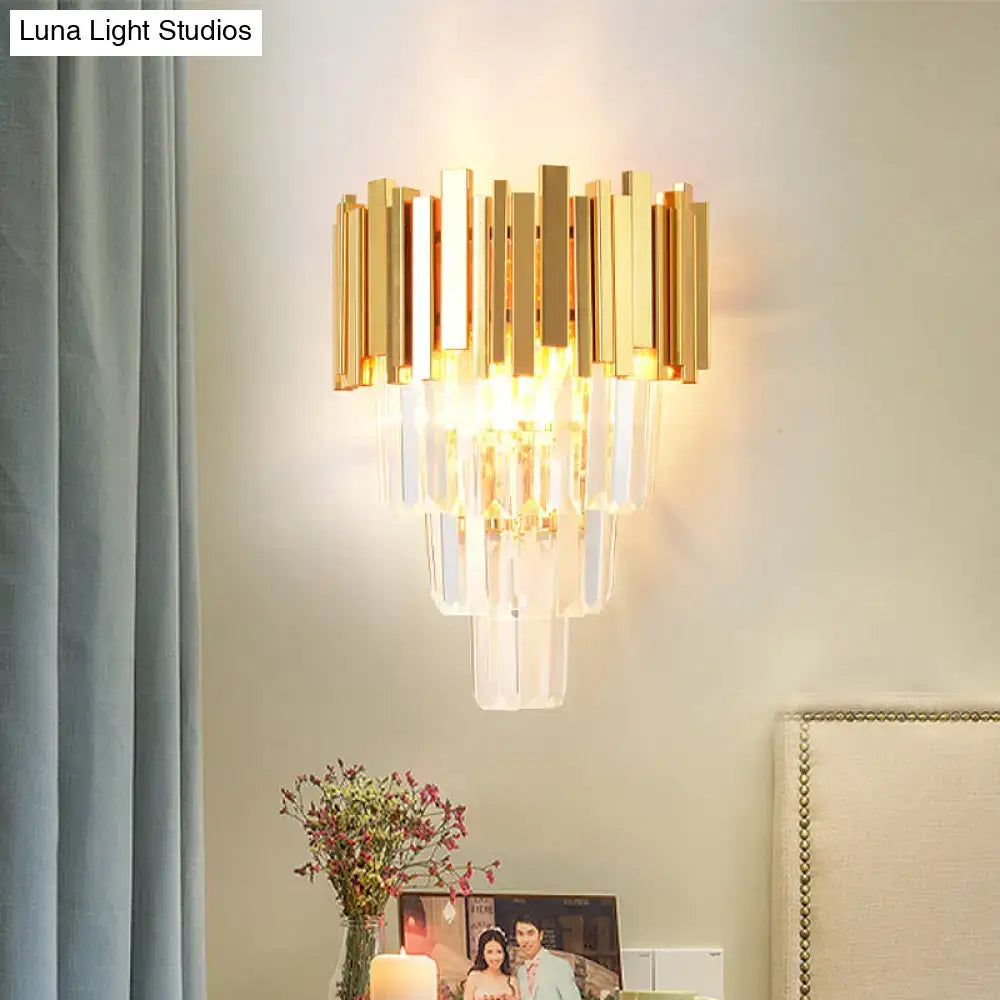 Modern gold crystal wall sconce with clear vertical bars and four-layer design for living room lighting fixture