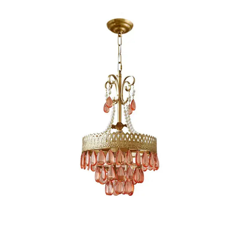 Modern gold crystal water drop chandelier with peach glass beads and white pearls for elegant foyer decorbites crystal water drop