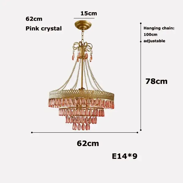Modern gold crystal water drop chandelier featuring delicate pink glass beads and adjustable gold-tone hanging chain decorbites crystal water
