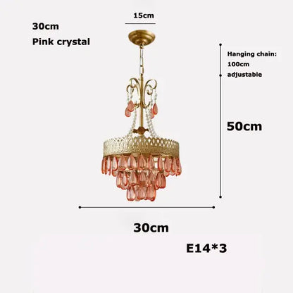 Modern gold crystal water drop chandelier with pink glass beads and a delicate gold-toned adjustable hanging chain