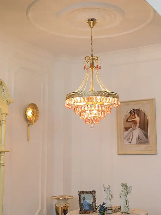 Modern gold crystal water drop chandelier with pink glass beads featuring decorbites crystal water drop design