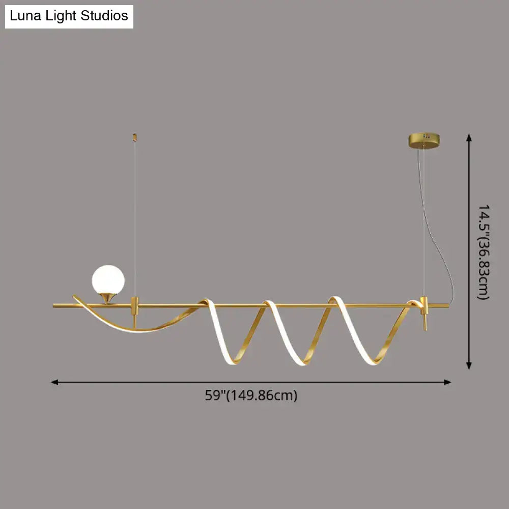 Modern gold curve island led pendant light fixture with sleek wave design and integrated glass ball bulb for kitchen use