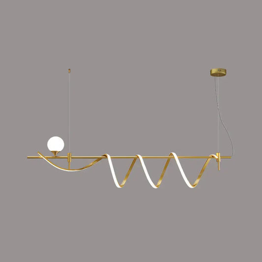 Modern gold curve island light kitchen led pendant with a gold-toned wave-like strip and frosted glass ball bulb island light fixture