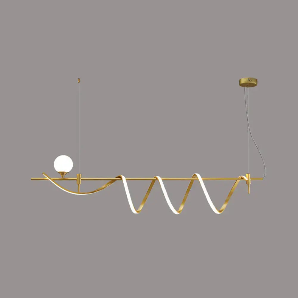 Gold tone modern curve island light led pendant with wave shaped strip and frosted glass ball bulb fixture