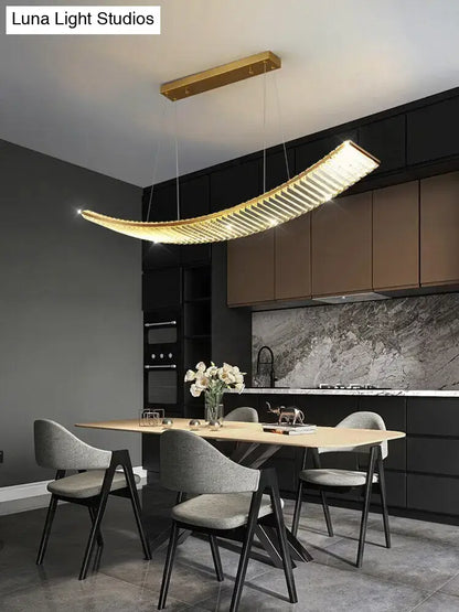 Modern gold curved crystal chandelier with warm led illumination as a suspended crystal chandelier for dining room