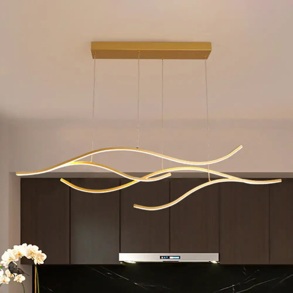 Modern gold curved led metal pendant light with wave design and sleek rectangular ceiling mount lighting fixture