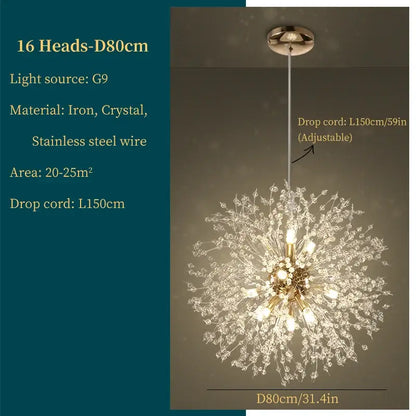 Modern gold dandelion art crystal chandelier with 16 sparkling heads brass finish and adjustable drop cord decorbites dandelion art