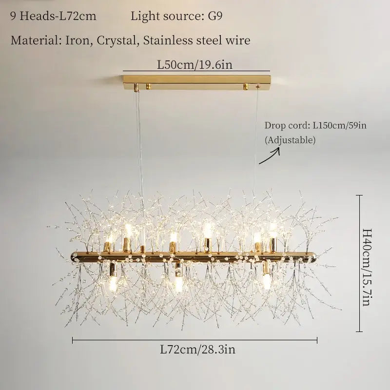 Modern gold dandelion art crystal chandelier with nine illuminated heads in iron, crystal, and stainless steel wire decorbites dandelion art