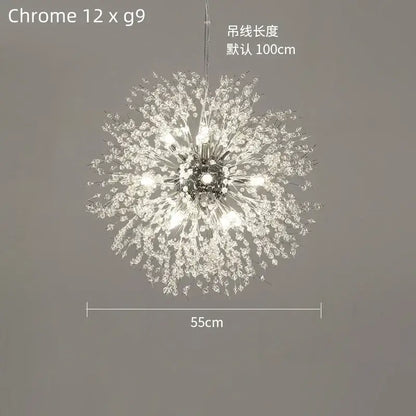 Modern gold dandelion crystal ceiling lamp with chrome accents and 12 g9 bulbs for elegant dining room decorbites dandelion crystal