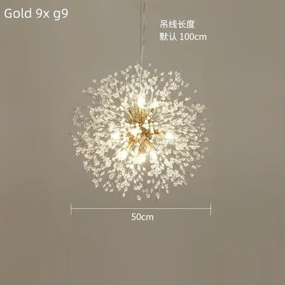 Modern gold dandelion crystal ceiling lamp with crystal droplets and central lights for dining room decorbites dandelion crystal